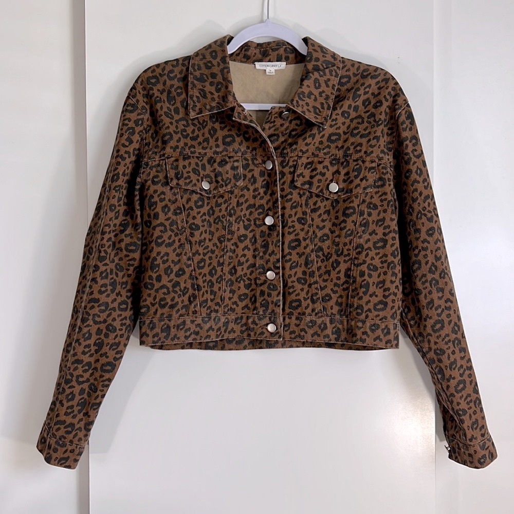 COTTON CANDY crop brown leopard denim jean jacket
